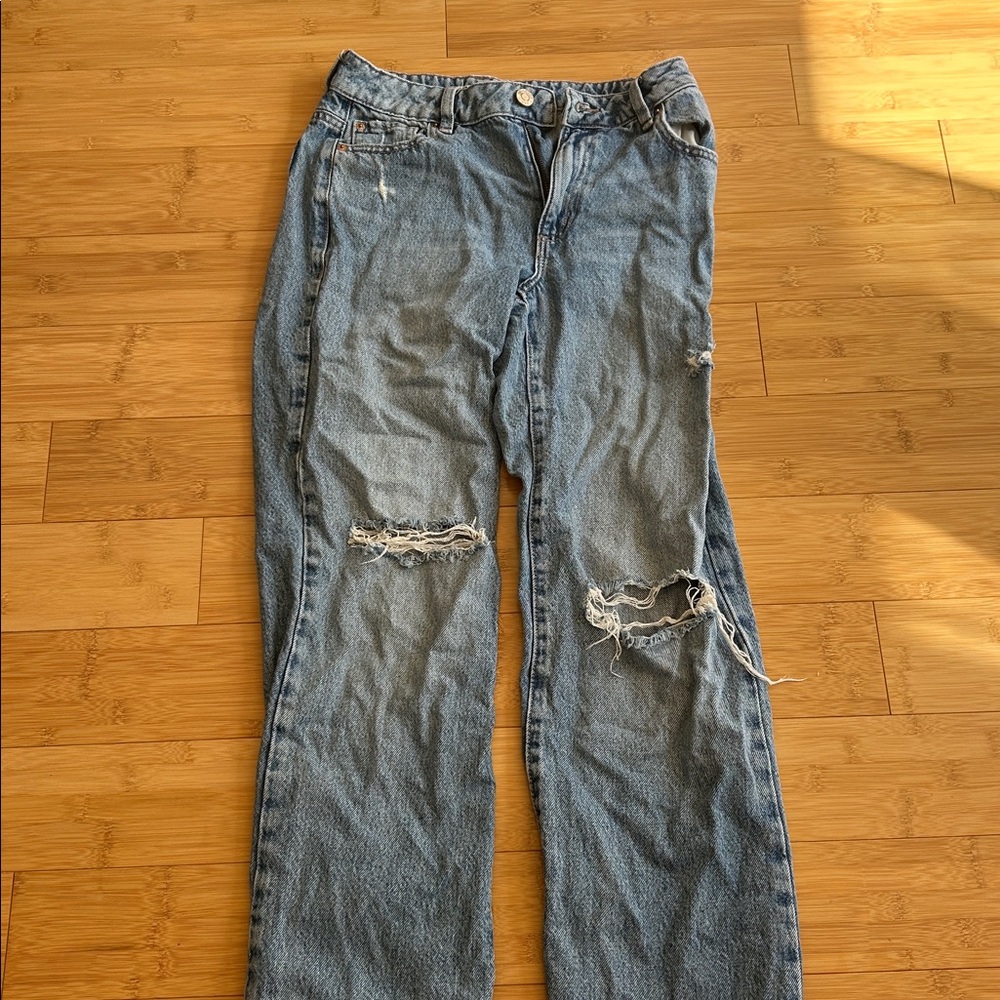 Distressed Straight Leg Blue Jeans
